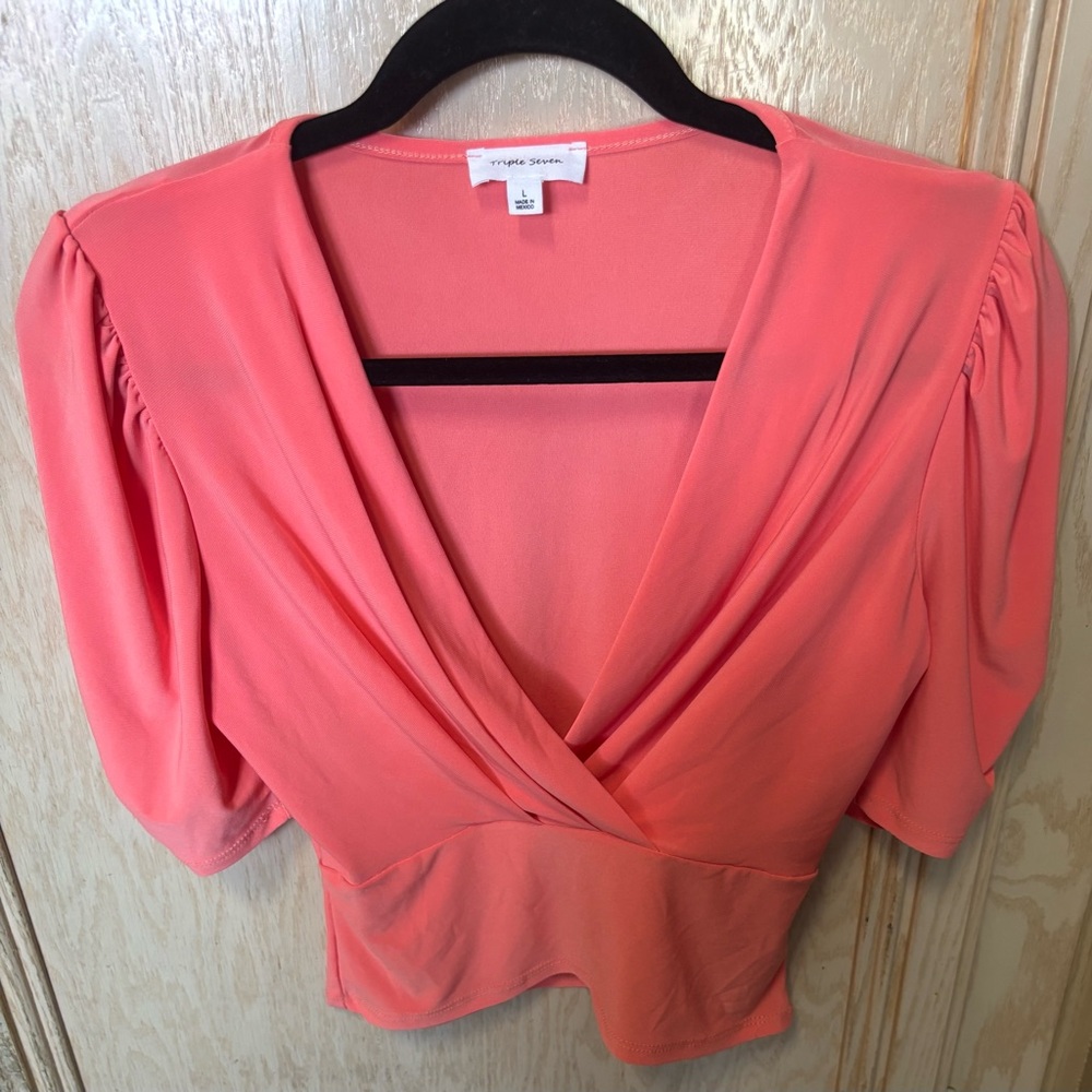 Triple‎ 7 Coral Draped Cropped Blouse